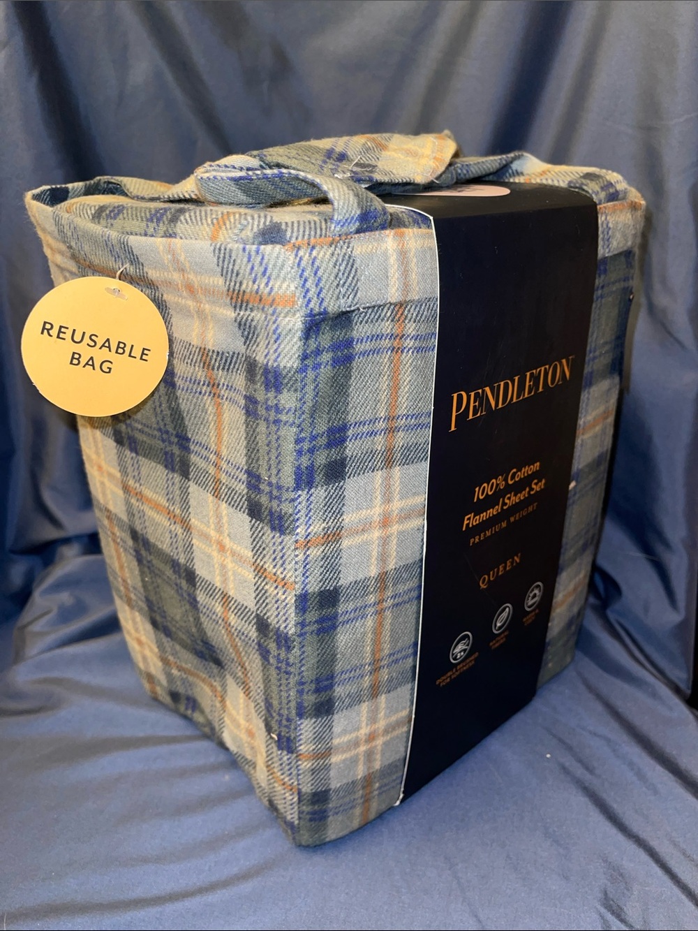 Pendleton Blue and Tan Plaid Cotton Flannel Sheet Set - Picture 2 of 4